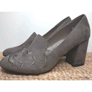 ESPRIT Linda Sz 8.5 Faux Suede Floral Embroidered Block Heels Pumps Dress Shoes